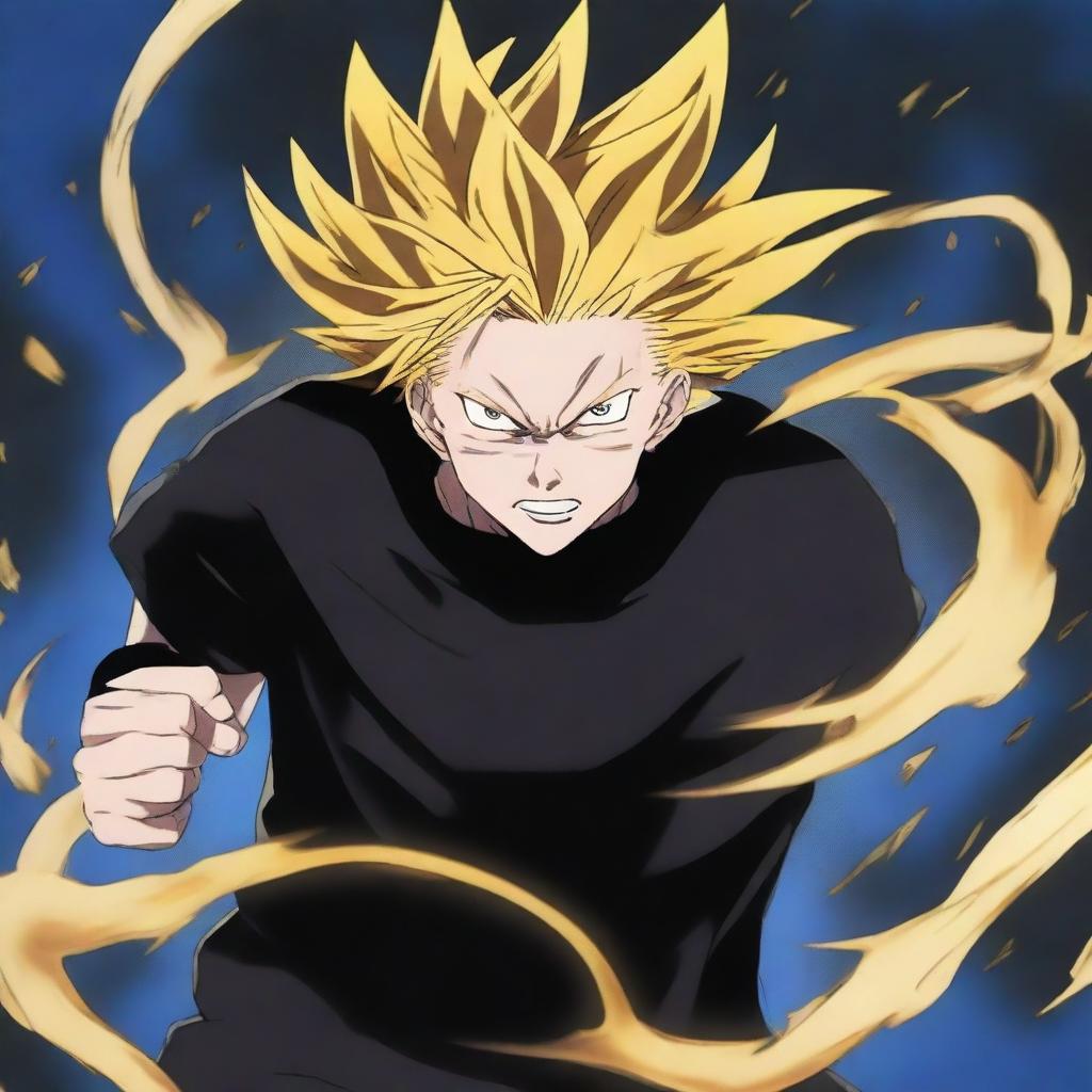 A dynamic and powerful illustration of Gojo Satoru from Jujutsu Kaisen transformed into a Super Saiyan 3