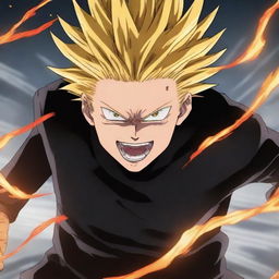 A dynamic and powerful illustration of Gojo Satoru from Jujutsu Kaisen transformed into a Super Saiyan 3