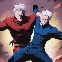 A dynamic and intense illustration of Sukuna from Jujutsu Kaisen delivering a powerful punch to Wolverine from Marvel