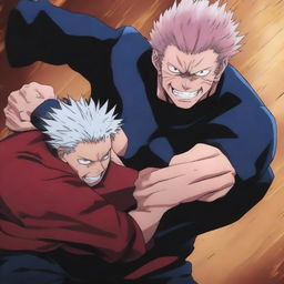 A dynamic and intense illustration of Sukuna from Jujutsu Kaisen delivering a powerful punch to Wolverine from Marvel