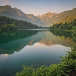 A serene landscape during golden hour with a shimmering lake encased by lush greenery and mountains in the background.