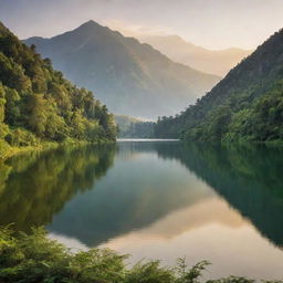 A serene landscape during golden hour with a shimmering lake encased by lush greenery and mountains in the background.