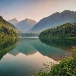 A serene landscape during golden hour with a shimmering lake encased by lush greenery and mountains in the background.