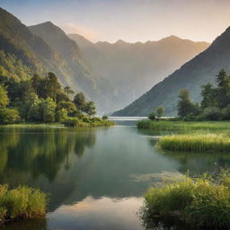 A serene landscape during golden hour with a shimmering lake encased by lush greenery and mountains in the background.