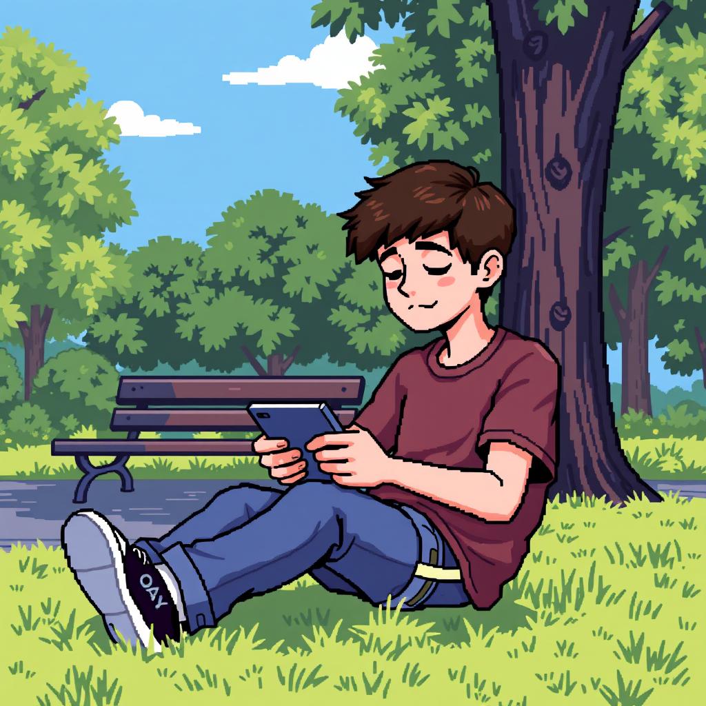 A pixel art image of a teenage boy sitting in a park, playing on his Gameboy