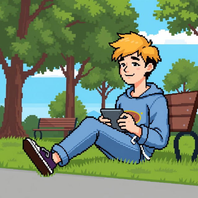 A pixel art image of a teenage boy sitting in a park, playing on his Gameboy