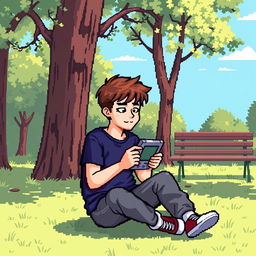 A pixel art image of a teenage boy sitting in a park, playing on his Gameboy