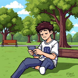 A pixel art image of a teenage boy sitting in a park, playing on his Gameboy