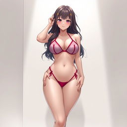 Create an image of a voluptuous waifu character wearing a nano bikini
