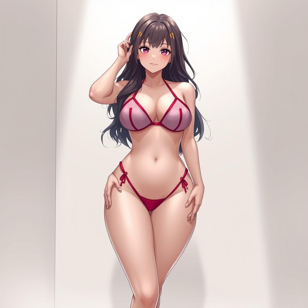 Create an image of a voluptuous waifu character wearing a nano bikini