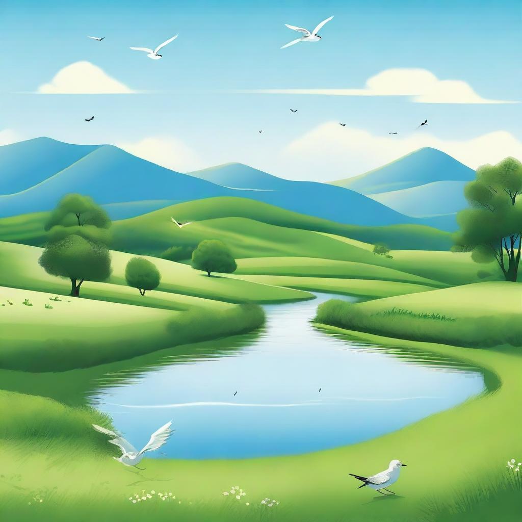 A serene landscape featuring a clear blue sky, rolling green hills, and a calm river flowing through the countryside