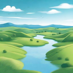 A serene landscape featuring a clear blue sky, rolling green hills, and a calm river flowing through the countryside