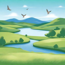 A serene landscape featuring a clear blue sky, rolling green hills, and a calm river flowing through the countryside