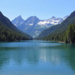 A beautiful landscape featuring a serene lake surrounded by lush green forests and majestic mountains in the background under a clear blue sky