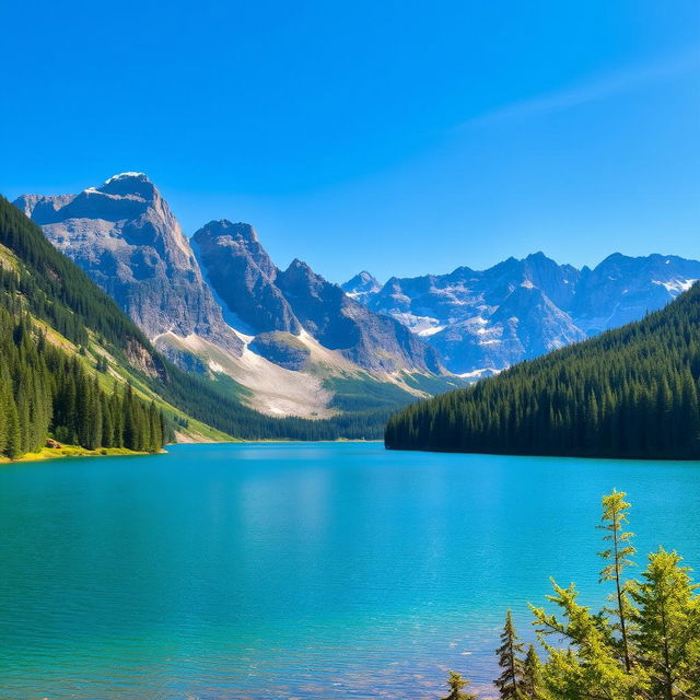 A beautiful landscape featuring a serene lake surrounded by lush green forests and majestic mountains in the background under a clear blue sky