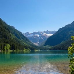 A beautiful landscape featuring a serene lake surrounded by lush green forests and majestic mountains in the background under a clear blue sky