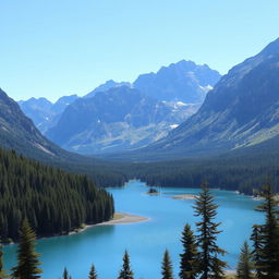 A beautiful landscape featuring a serene lake surrounded by lush green forests and majestic mountains in the background under a clear blue sky