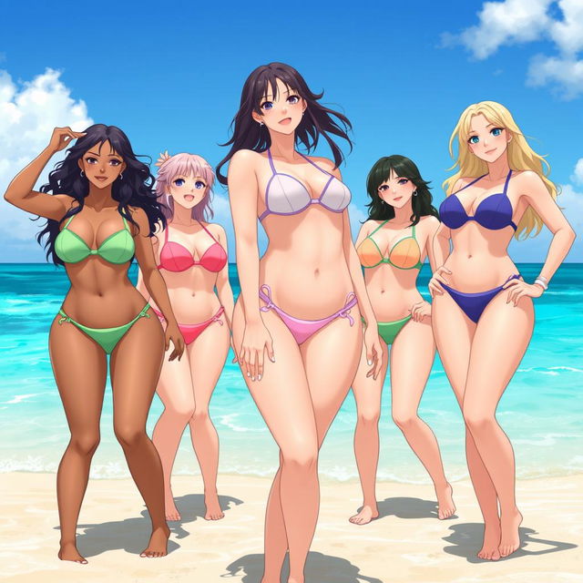 A group of anime-style waifus with voluptuous bodies, all wearing microbikinis