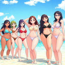 A group of anime-style waifus with voluptuous bodies, all wearing microbikinis