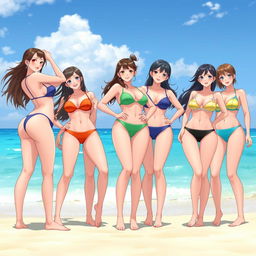 A group of anime-style waifus with voluptuous bodies, all wearing microbikinis