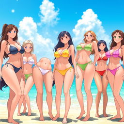 A group of anime-style waifus with voluptuous bodies, all wearing microbikinis