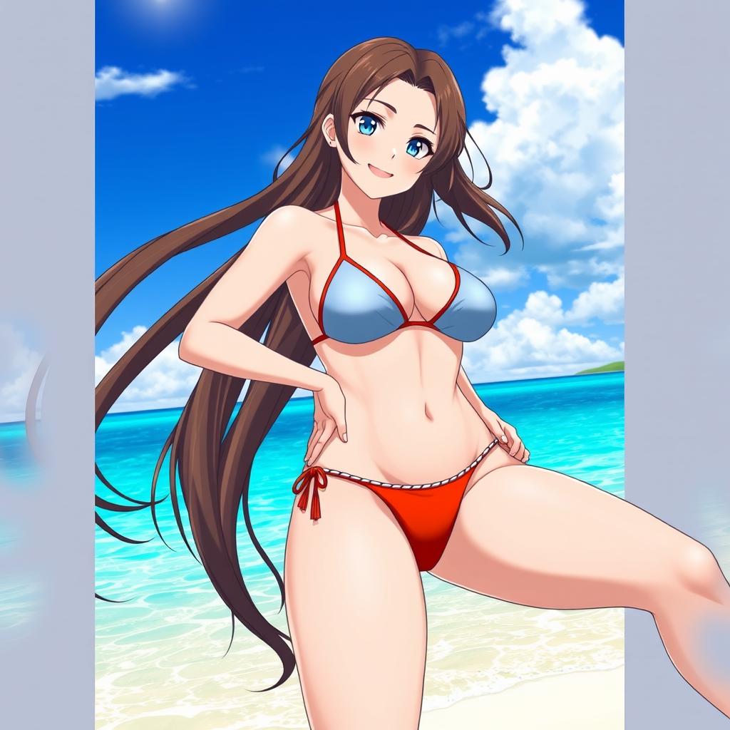 An anime-style waifu with brunette hair, wide hips, a small waist, and big breasts, wearing a micro bikini