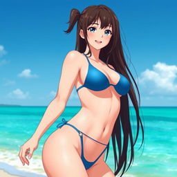 An anime-style waifu with brunette hair, wide hips, a small waist, and big breasts, wearing a micro bikini