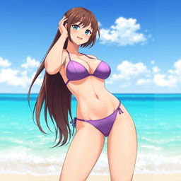 An anime-style waifu with brunette hair, wide hips, a small waist, and big breasts, wearing a micro bikini