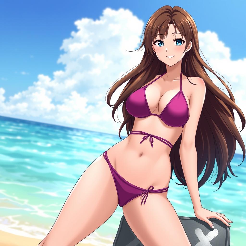 An anime-style waifu with brunette hair, wide hips, a small waist, and big breasts, wearing a micro bikini