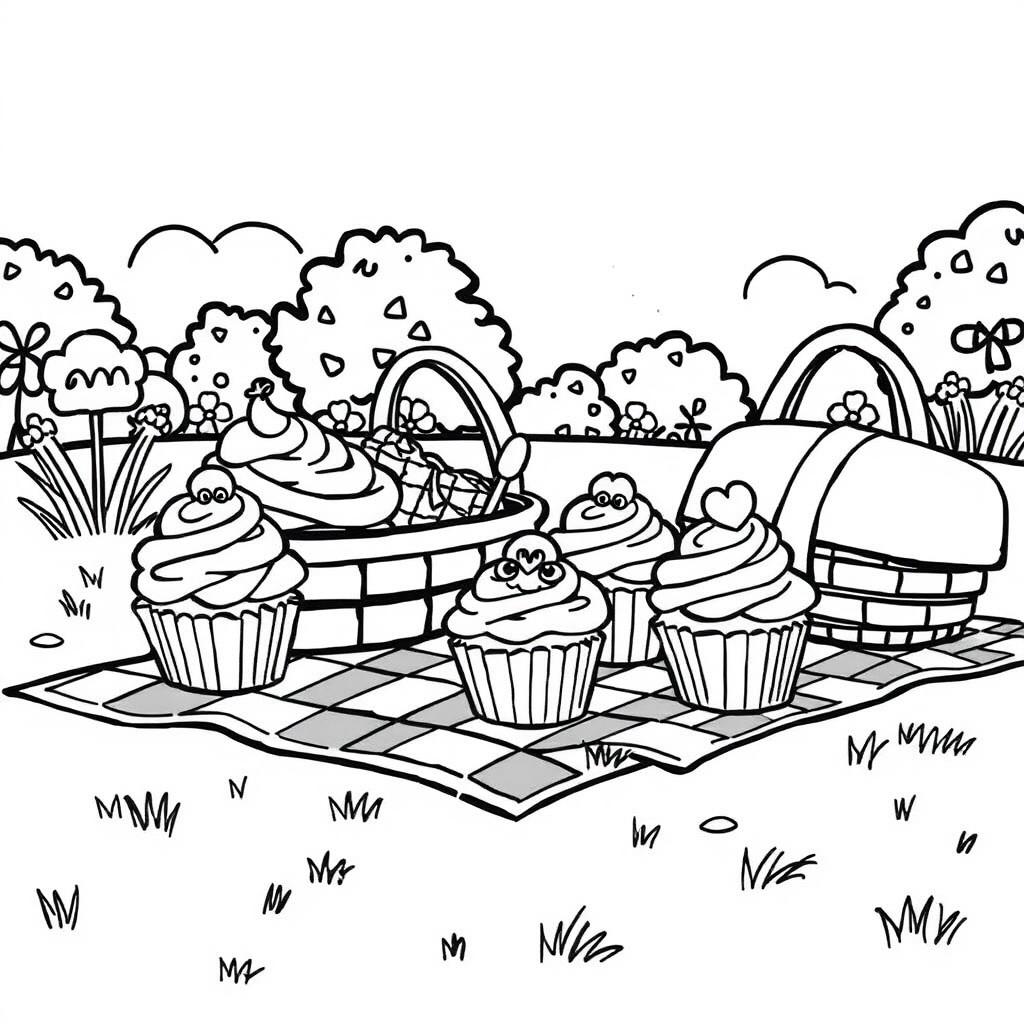 A high quality line art illustration of a picnic scene, featuring cute cupcakes