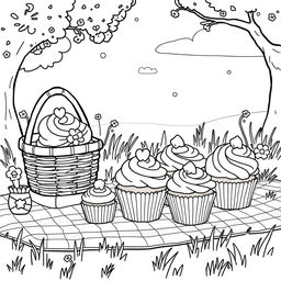 A high quality line art illustration of a picnic scene, featuring cute cupcakes