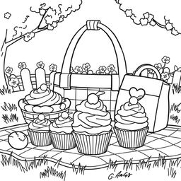 A high quality line art illustration of a picnic scene, featuring cute cupcakes