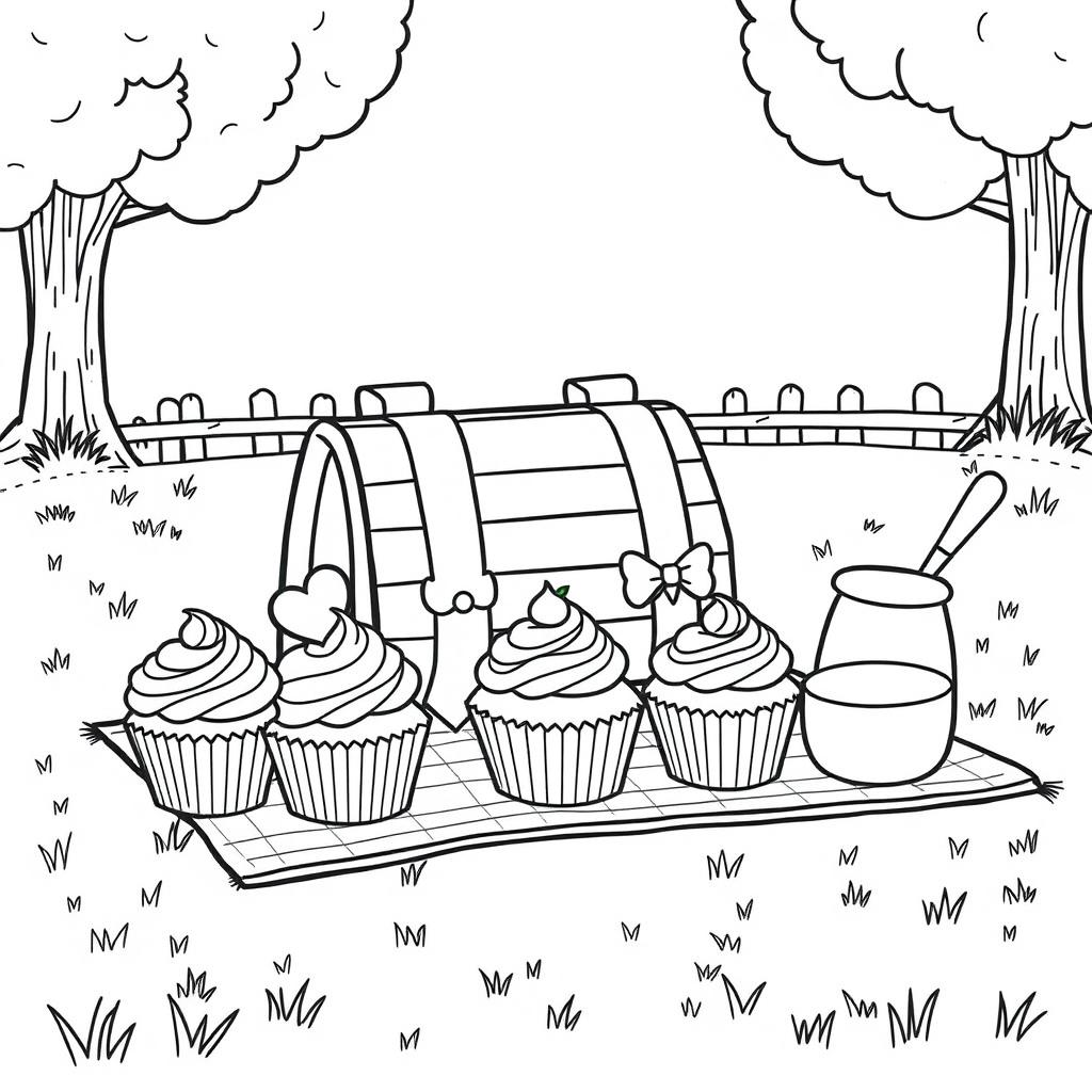 A high quality line art illustration of a picnic scene, featuring cute cupcakes