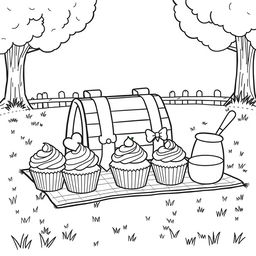 A high quality line art illustration of a picnic scene, featuring cute cupcakes