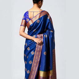 A woman wearing a traditional Indian saree with a stylish and elegant blouse