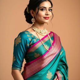 A woman wearing a traditional Indian saree with a stylish and elegant blouse