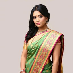 A woman wearing a traditional Indian saree with a stylish and elegant blouse