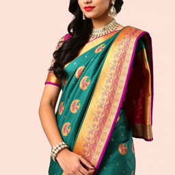 A woman wearing a traditional Indian saree with a stylish and elegant blouse