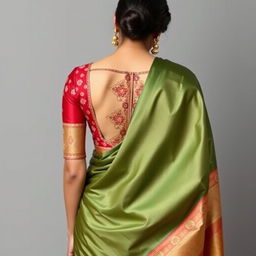 A woman wearing a traditional Indian saree with a stylish and elegant blouse