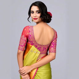 A woman wearing a traditional Indian saree with a stylish and elegant blouse