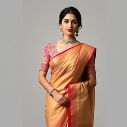 A woman wearing a traditional Indian saree with a stylish and elegant blouse