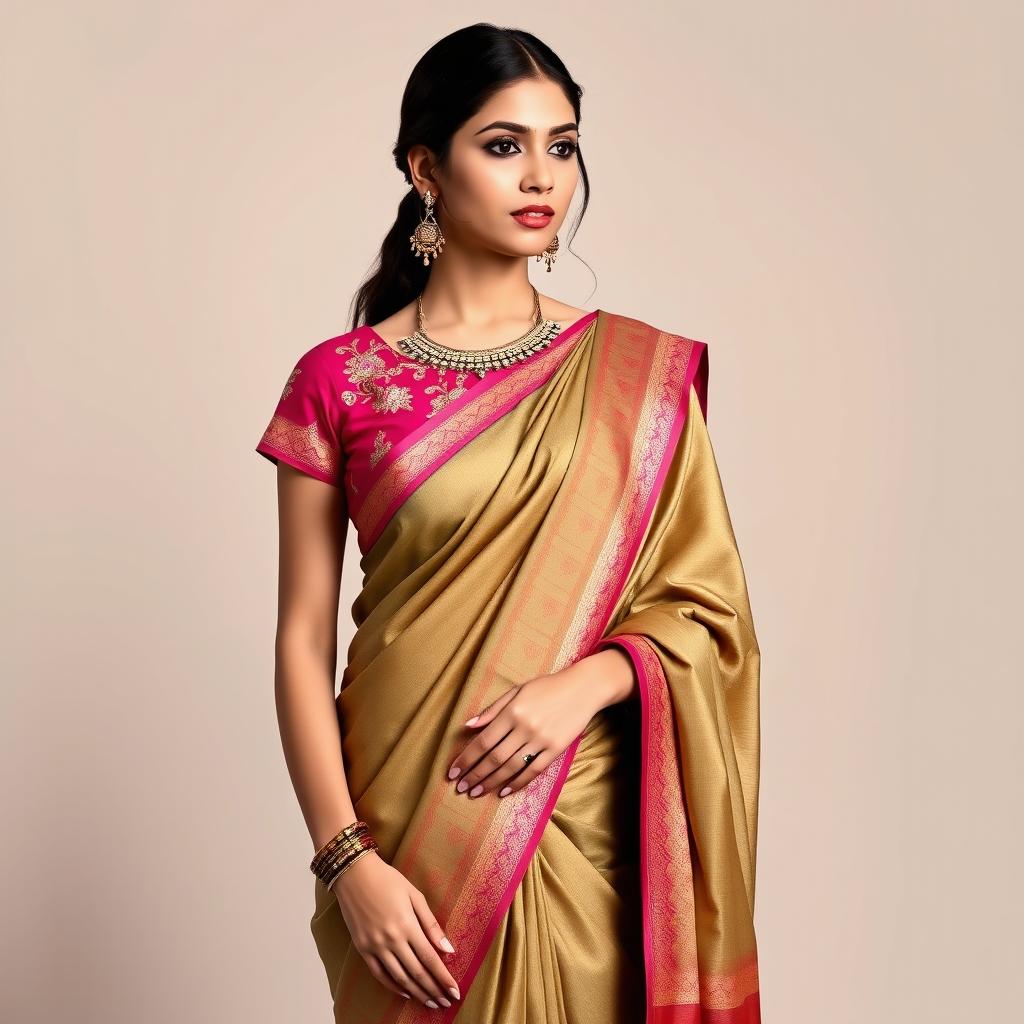 A woman wearing a traditional Indian saree with a stylish and elegant blouse