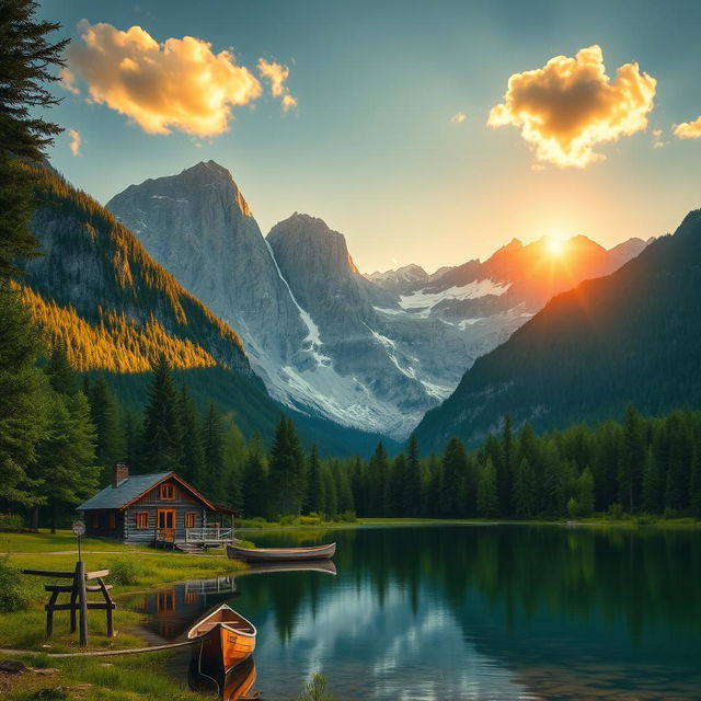 A beautiful landscape featuring a serene lake surrounded by lush green forests and majestic mountains in the background