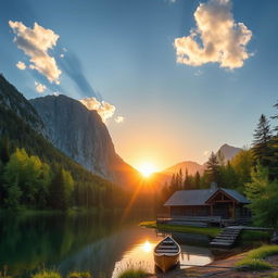 A beautiful landscape featuring a serene lake surrounded by lush green forests and majestic mountains in the background