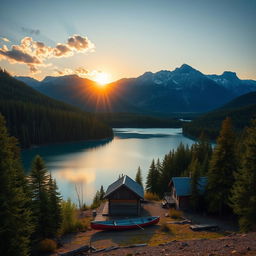 A beautiful landscape featuring a serene lake surrounded by lush green forests and majestic mountains in the background