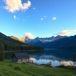 A beautiful landscape featuring a serene lake surrounded by lush green forests and majestic mountains in the background