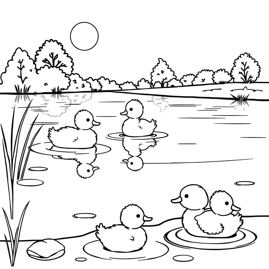 A high quality line art illustration of a lake scene, featuring little cute ducks