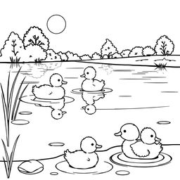 A high quality line art illustration of a lake scene, featuring little cute ducks