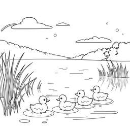 A high quality line art illustration of a lake scene, featuring little cute ducks