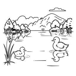 A high quality line art illustration of a lake scene, featuring little cute ducks